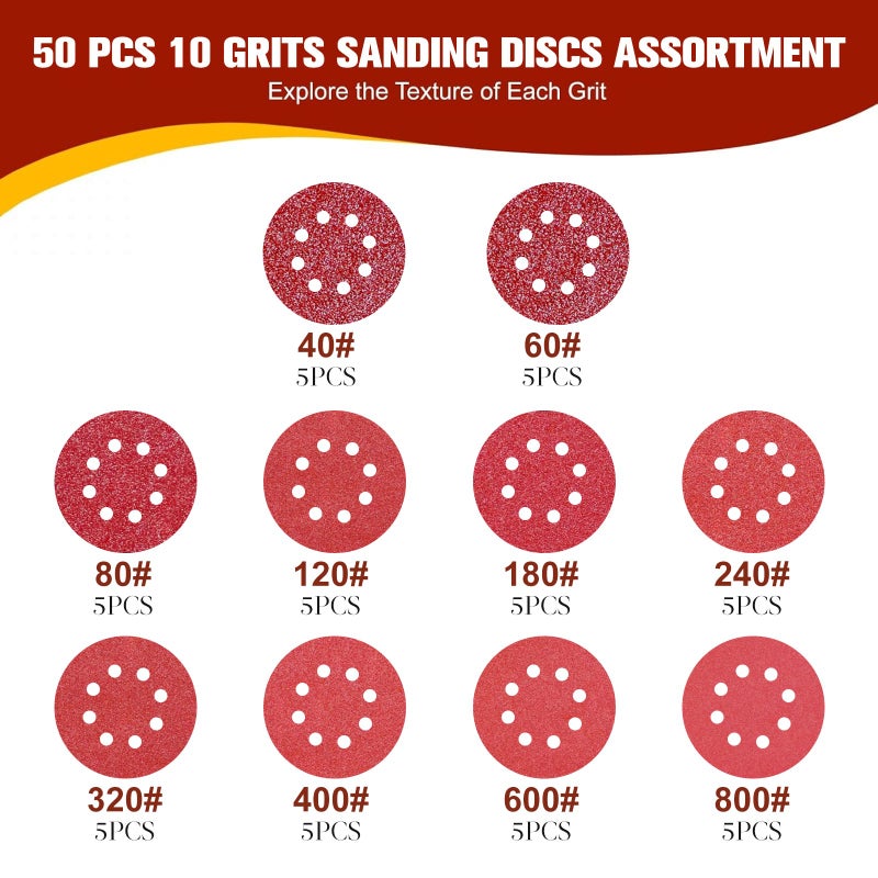 VanPet 52 Pcs Sander Pad & Discs Combo Kit for DeWalt | 2 Pack 5'' 8-Hole Hook & Loop Pads + 50 Sanding Discs | Compatible with DWE6421/DWE6423/DCW210B/DWE64233/N329079 (Plastic Combo Kit) - Image 2